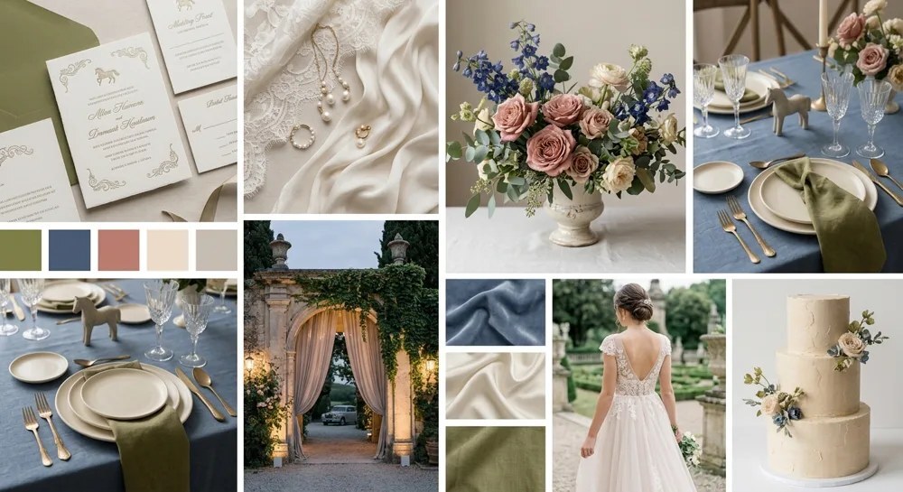 Esempio di moodboard di stile generato dall'AI di Sposami: collage di ispirazioni per il matrimonio con palette di colori coordinata
